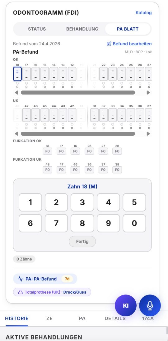 Health Ledger — PA Blatt periodontal charting with furcation grading and 0–9 numeric keypad